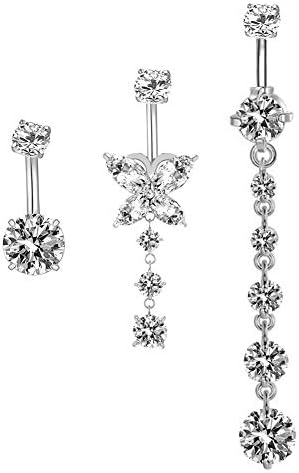 14G Dangle Belly Button Rings butterfly/Round Clear CZ Navel Curved Barbell