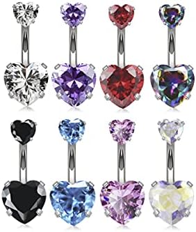 14G Surgical Steel Belly Button Rings Sparkly Heart Cubic Zirconia Navel