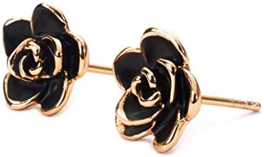 18K Gold Plated Stud Earrings,Black Rose Flower Studs