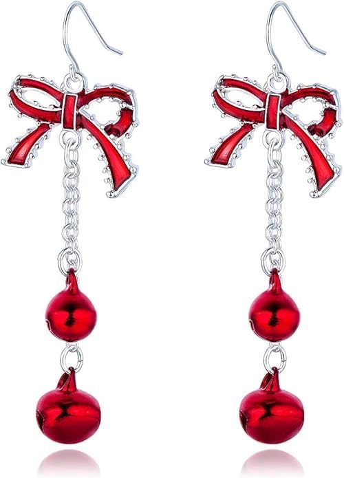 Christmas Drop Dangle earrings Ribbon BowKnot Red Green Ball Jingle Bell